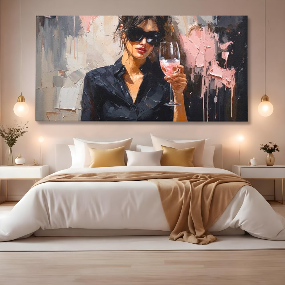 Tablou Canvas Premium, LuxCanva® N1199, Roz Efervescent, Feminin, Ochelari de Soare, Roz, Chic, Pahar, Vin, Sofisticat, Pub, Bar, Lounge, Restaurant, Bucatarie