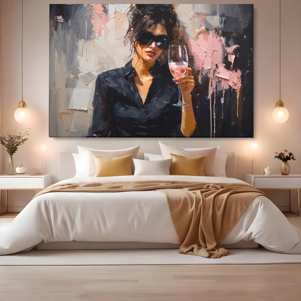 Tablou Canvas Premium, LuxCanva® N1199, Roz Efervescent, Feminin, Ochelari de Soare, Roz, Chic, Pahar, Vin, Sofisticat, Pub, Bar, Lounge, Restaurant, Bucatarie