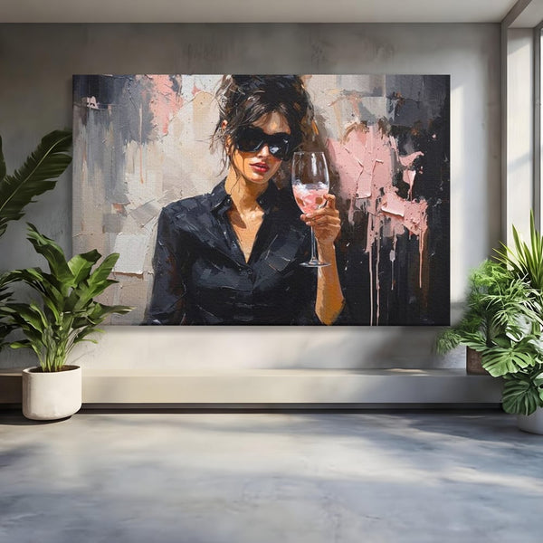 Tablou Canvas Premium, LuxCanva® N1199, Roz Efervescent, Feminin, Ochelari de Soare, Roz, Chic, Pahar, Vin, Sofisticat, Pub, Bar, Lounge, Restaurant, Bucatarie