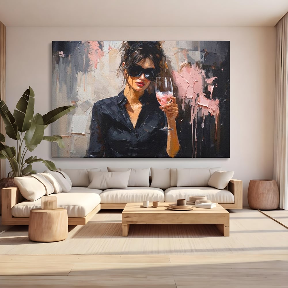 Tablou Canvas Premium, LuxCanva® N1199, Roz Efervescent, Feminin, Ochelari de Soare, Roz, Chic, Pahar, Vin, Sofisticat, Pub, Bar, Lounge, Restaurant, Bucatarie