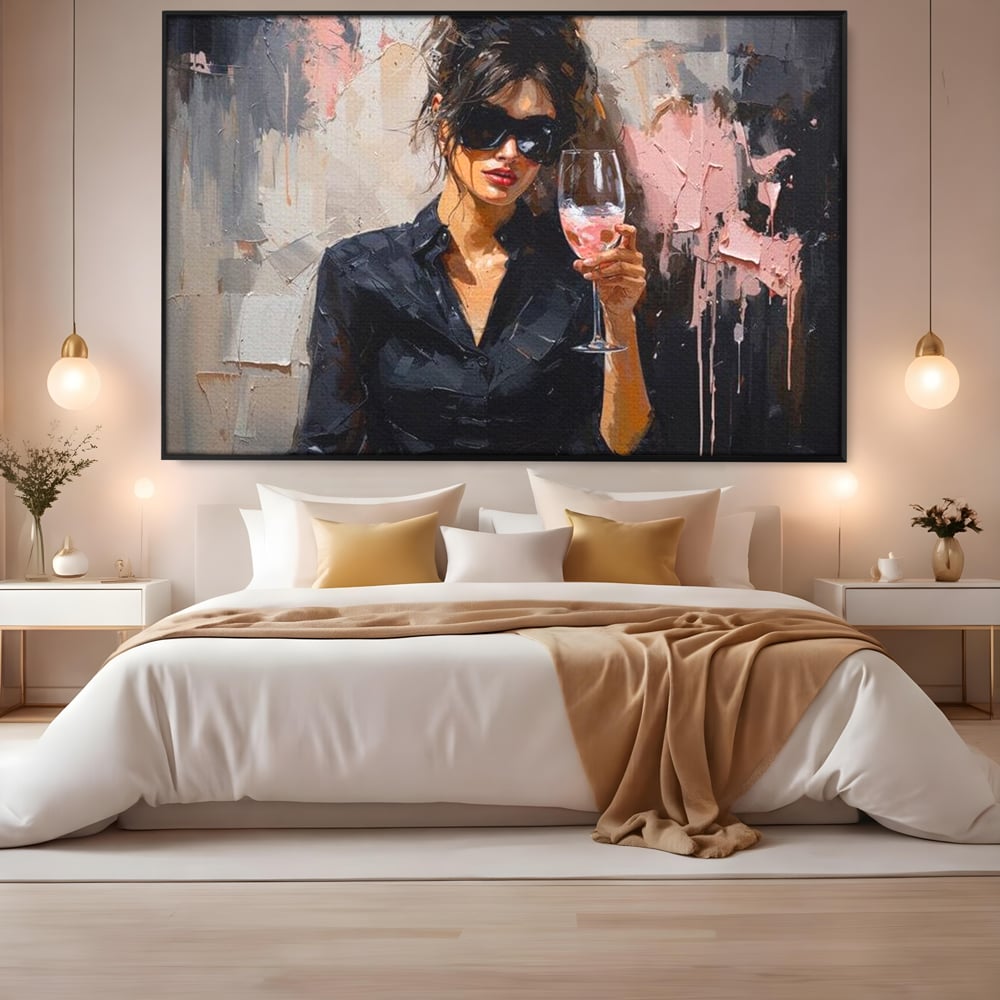 Tablou Canvas Premium, LuxCanva® N1199, Roz Efervescent, Feminin, Ochelari de Soare, Roz, Chic, Pahar, Vin, Sofisticat, Pub, Bar, Lounge, Restaurant, Bucatarie