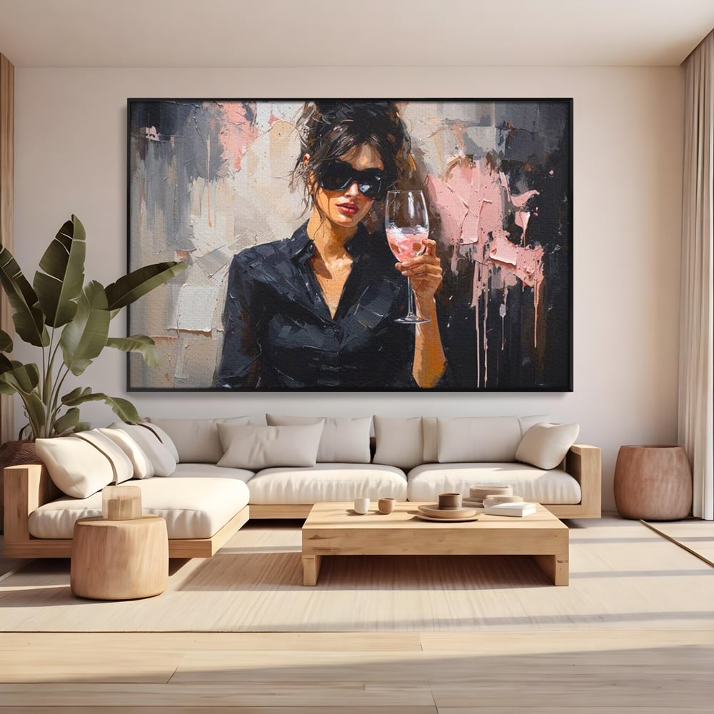 Tablou Canvas Premium, LuxCanva® N1199, Roz Efervescent, Feminin, Ochelari de Soare, Roz, Chic, Pahar, Vin, Sofisticat, Pub, Bar, Lounge, Restaurant, Bucatarie