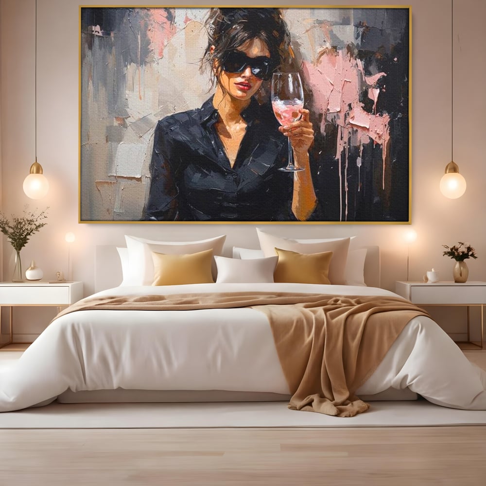 Tablou Canvas Premium, LuxCanva® N1199, Roz Efervescent, Feminin, Ochelari de Soare, Roz, Chic, Pahar, Vin, Sofisticat, Pub, Bar, Lounge, Restaurant, Bucatarie
