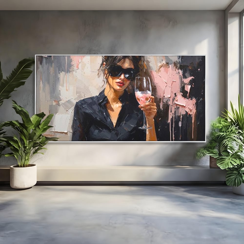 Tablou Canvas Premium, LuxCanva® N1199, Roz Efervescent, Feminin, Ochelari de Soare, Roz, Chic, Pahar, Vin, Sofisticat, Pub, Bar, Lounge, Restaurant, Bucatarie