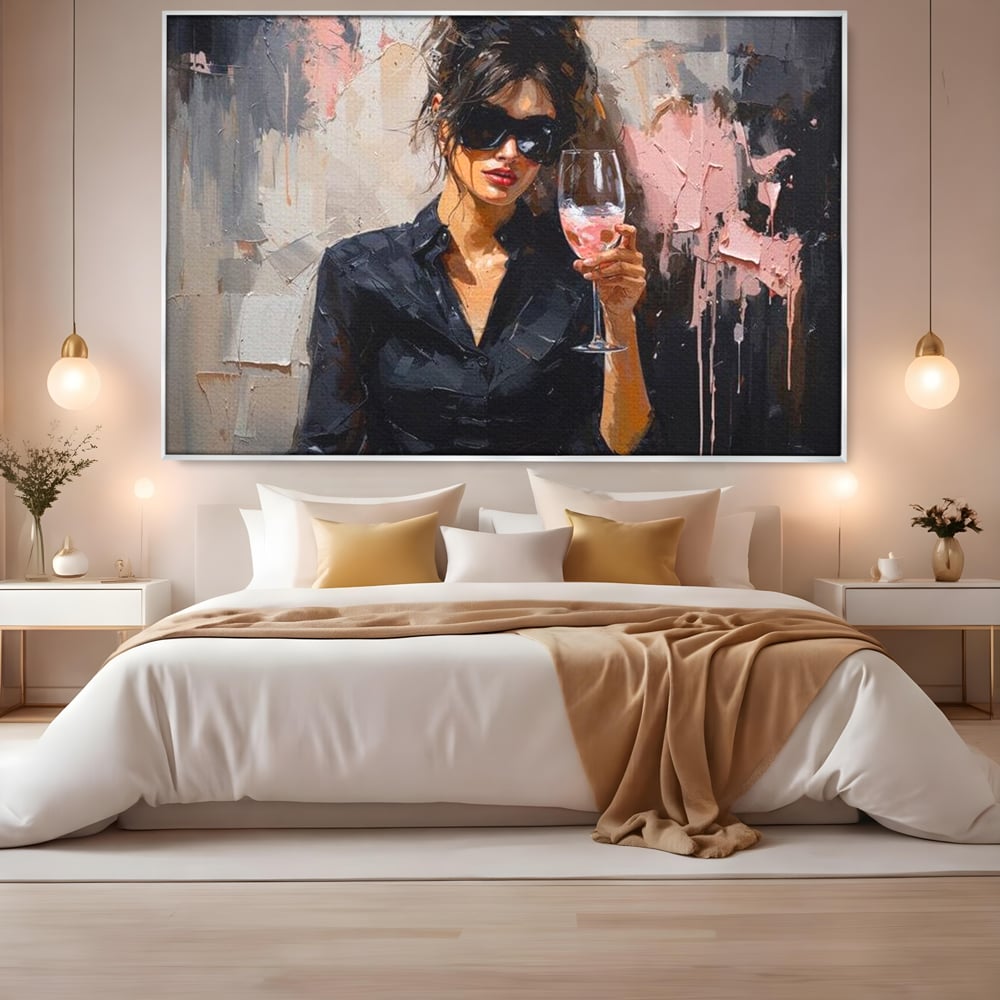 Tablou Canvas Premium, LuxCanva® N1199, Roz Efervescent, Feminin, Ochelari de Soare, Roz, Chic, Pahar, Vin, Sofisticat, Pub, Bar, Lounge, Restaurant, Bucatarie