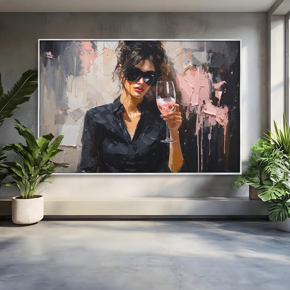 Tablou Canvas Premium, LuxCanva® N1199, Roz Efervescent, Feminin, Ochelari de Soare, Roz, Chic, Pahar, Vin, Sofisticat, Pub, Bar, Lounge, Restaurant, Bucatarie