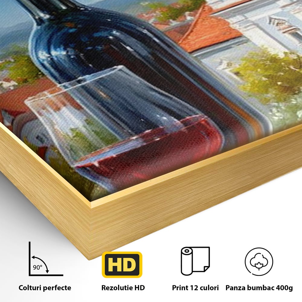 Tablou Canvas Premium, LuxCanva® N1200, Sub Bolta Vie, Vin Rosu, Sticla, Pahar, Bautura, Rustic, Manastire, Struguri, Pub, Bar, Lounge, Restaurant, Bucatarie
