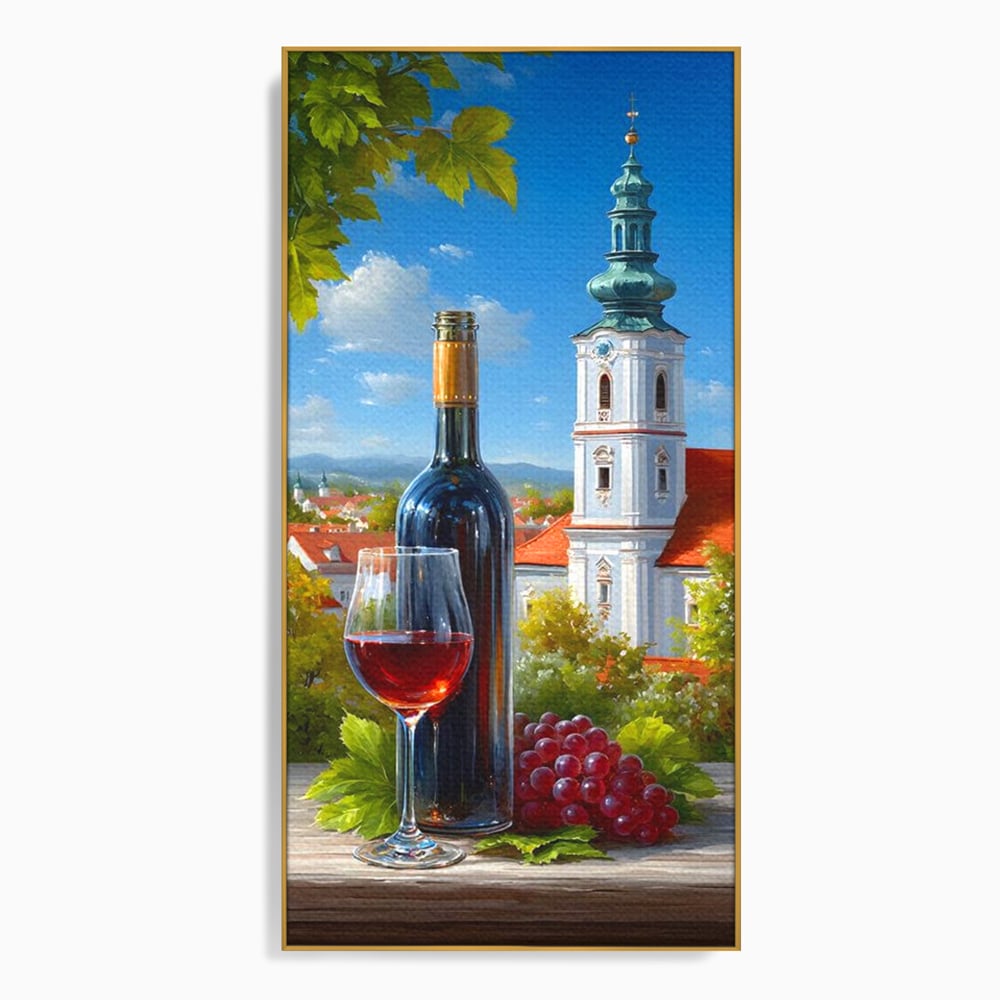 Tablou Canvas Premium, LuxCanva® N1200, Sub Bolta Vie, Vin Rosu, Sticla, Pahar, Bautura, Rustic, Manastire, Struguri, Pub, Bar, Lounge, Restaurant, Bucatarie
