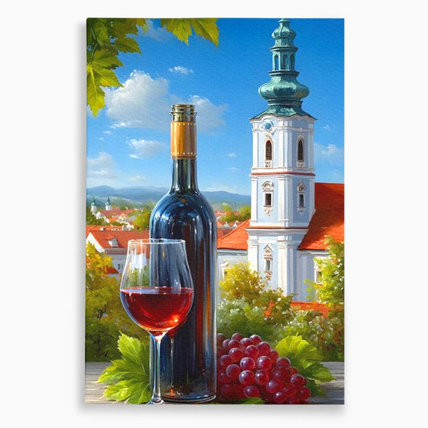 Tablou Canvas Premium, LuxCanva® N1200, Sub Bolta Vie, Vin Rosu, Sticla, Pahar, Bautura, Rustic, Manastire, Struguri, Pub, Bar, Lounge, Restaurant, Bucatarie