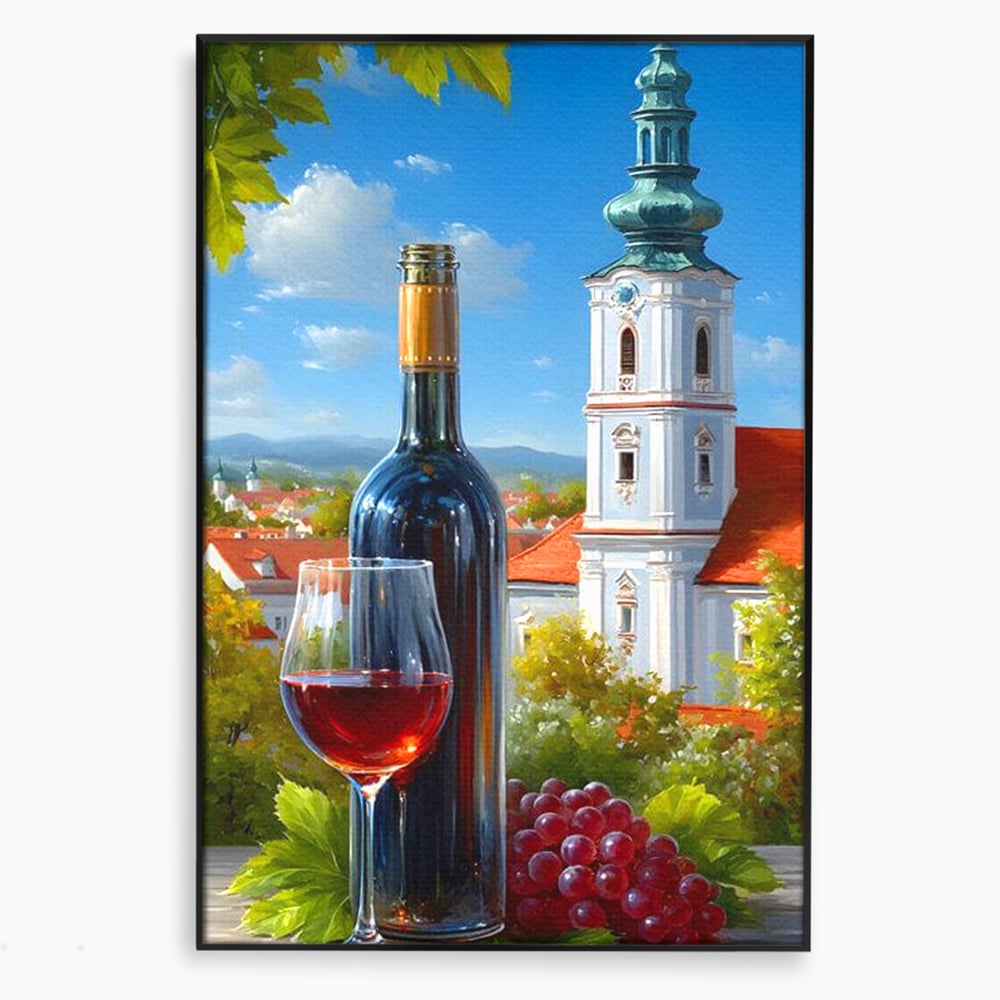 Tablou Canvas Premium, LuxCanva® N1200, Sub Bolta Vie, Vin Rosu, Sticla, Pahar, Bautura, Rustic, Manastire, Struguri, Pub, Bar, Lounge, Restaurant, Bucatarie