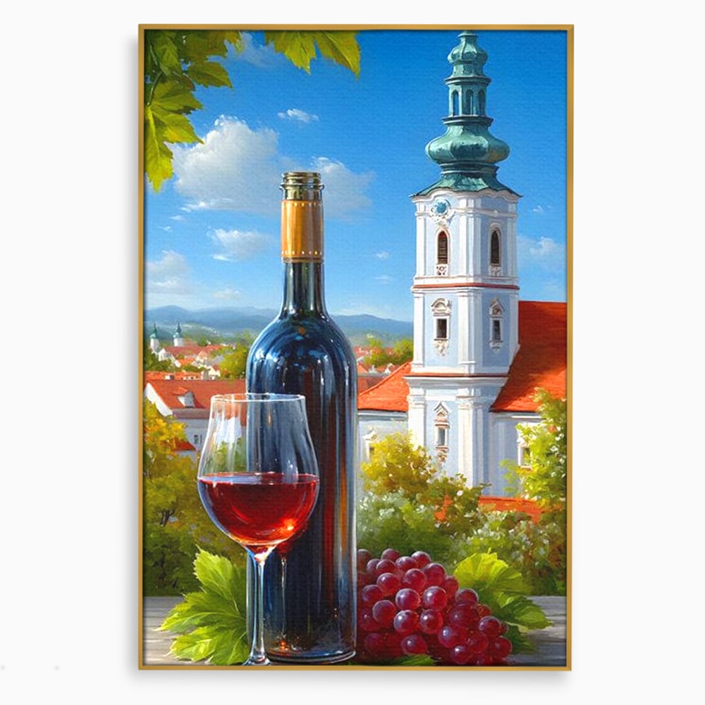 Tablou Canvas Premium, LuxCanva® N1200, Sub Bolta Vie, Vin Rosu, Sticla, Pahar, Bautura, Rustic, Manastire, Struguri, Pub, Bar, Lounge, Restaurant, Bucatarie