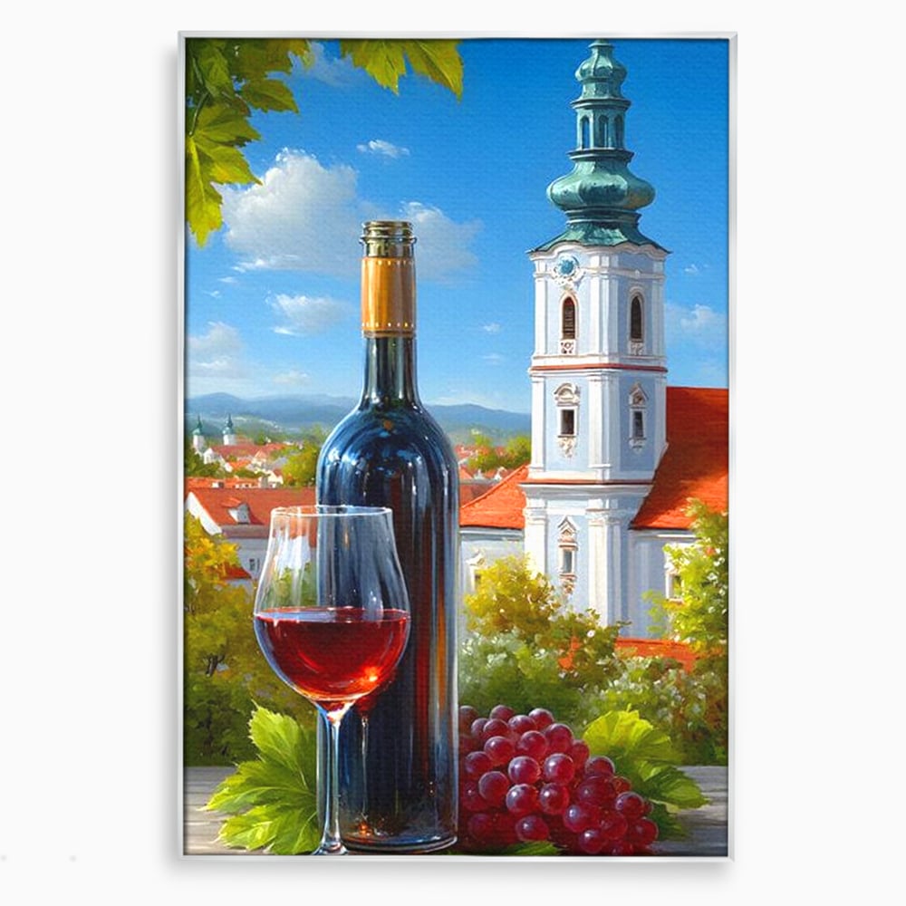 Tablou Canvas Premium, LuxCanva® N1200, Sub Bolta Vie, Vin Rosu, Sticla, Pahar, Bautura, Rustic, Manastire, Struguri, Pub, Bar, Lounge, Restaurant, Bucatarie