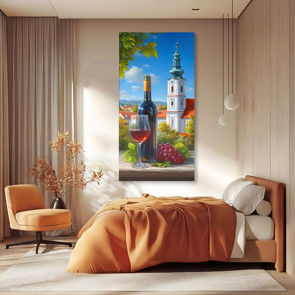 Tablou Canvas Premium, LuxCanva® N1200, Sub Bolta Vie, Vin Rosu, Sticla, Pahar, Bautura, Rustic, Manastire, Struguri, Pub, Bar, Lounge, Restaurant, Bucatarie