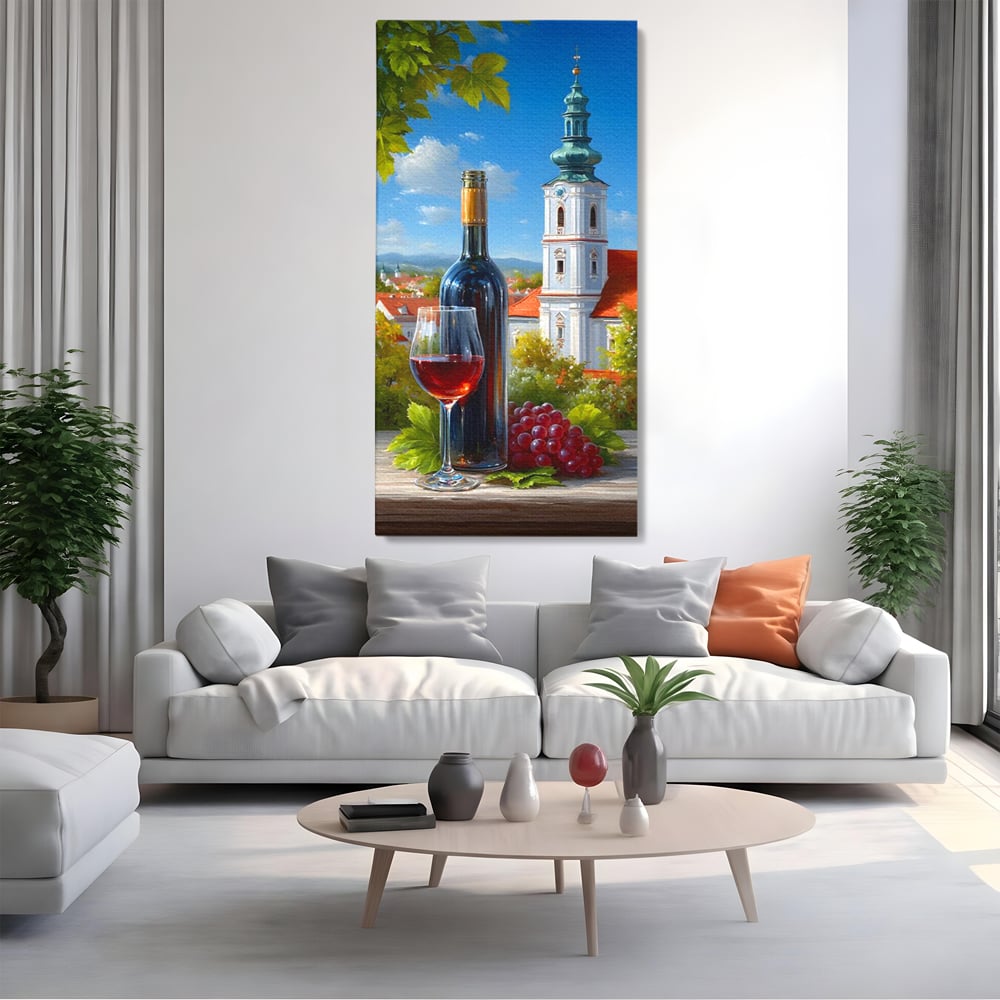 Tablou Canvas Premium, LuxCanva® N1200, Sub Bolta Vie, Vin Rosu, Sticla, Pahar, Bautura, Rustic, Manastire, Struguri, Pub, Bar, Lounge, Restaurant, Bucatarie