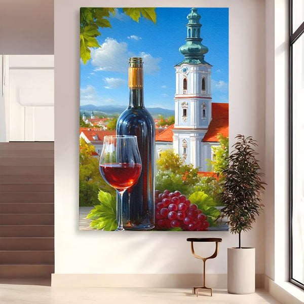 Tablou Canvas Premium, LuxCanva® N1200, Sub Bolta Vie, Vin Rosu, Sticla, Pahar, Bautura, Rustic, Manastire, Struguri, Pub, Bar, Lounge, Restaurant, Bucatarie