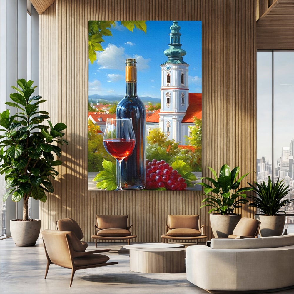Tablou Canvas Premium, LuxCanva® N1200, Sub Bolta Vie, Vin Rosu, Sticla, Pahar, Bautura, Rustic, Manastire, Struguri, Pub, Bar, Lounge, Restaurant, Bucatarie