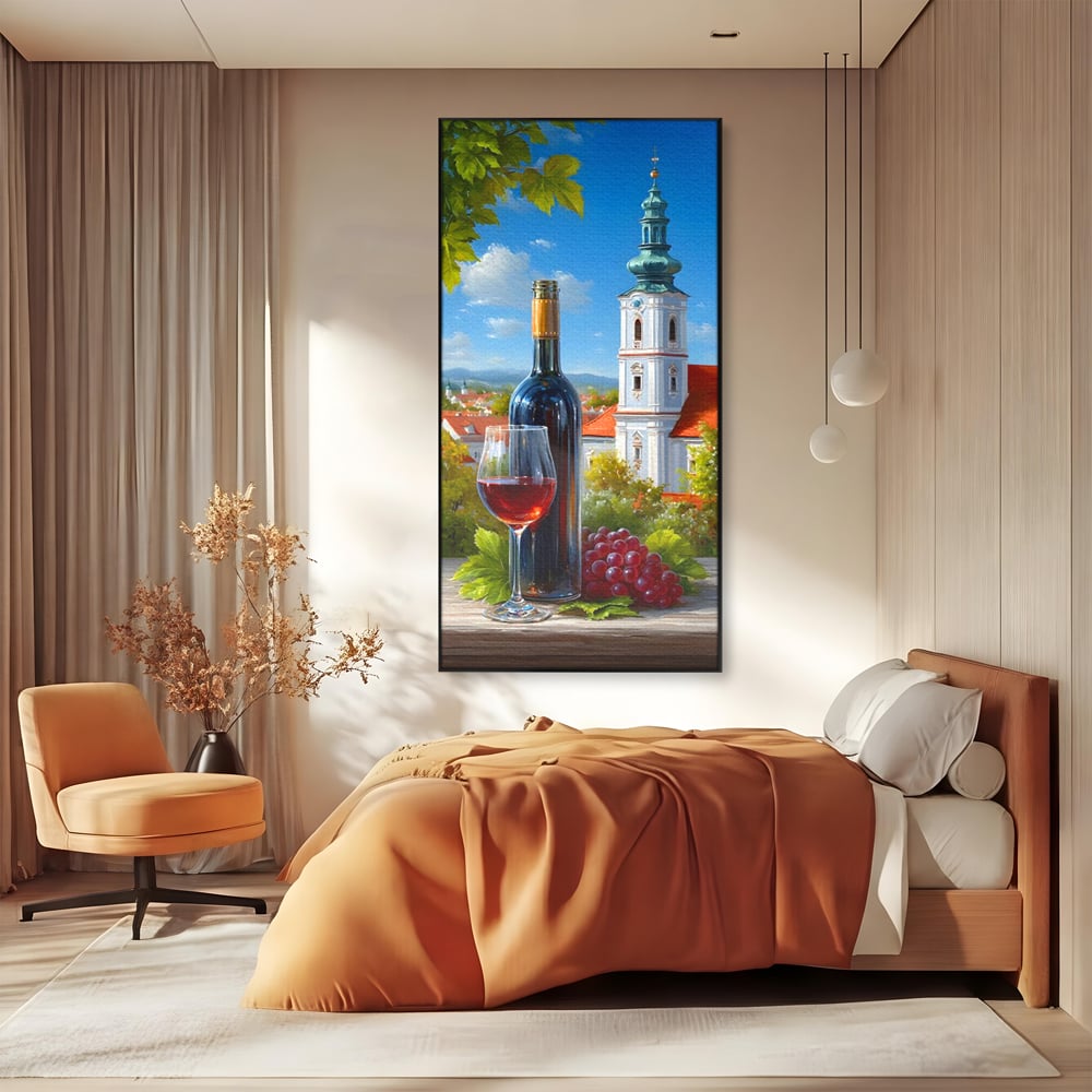 Tablou Canvas Premium, LuxCanva® N1200, Sub Bolta Vie, Vin Rosu, Sticla, Pahar, Bautura, Rustic, Manastire, Struguri, Pub, Bar, Lounge, Restaurant, Bucatarie