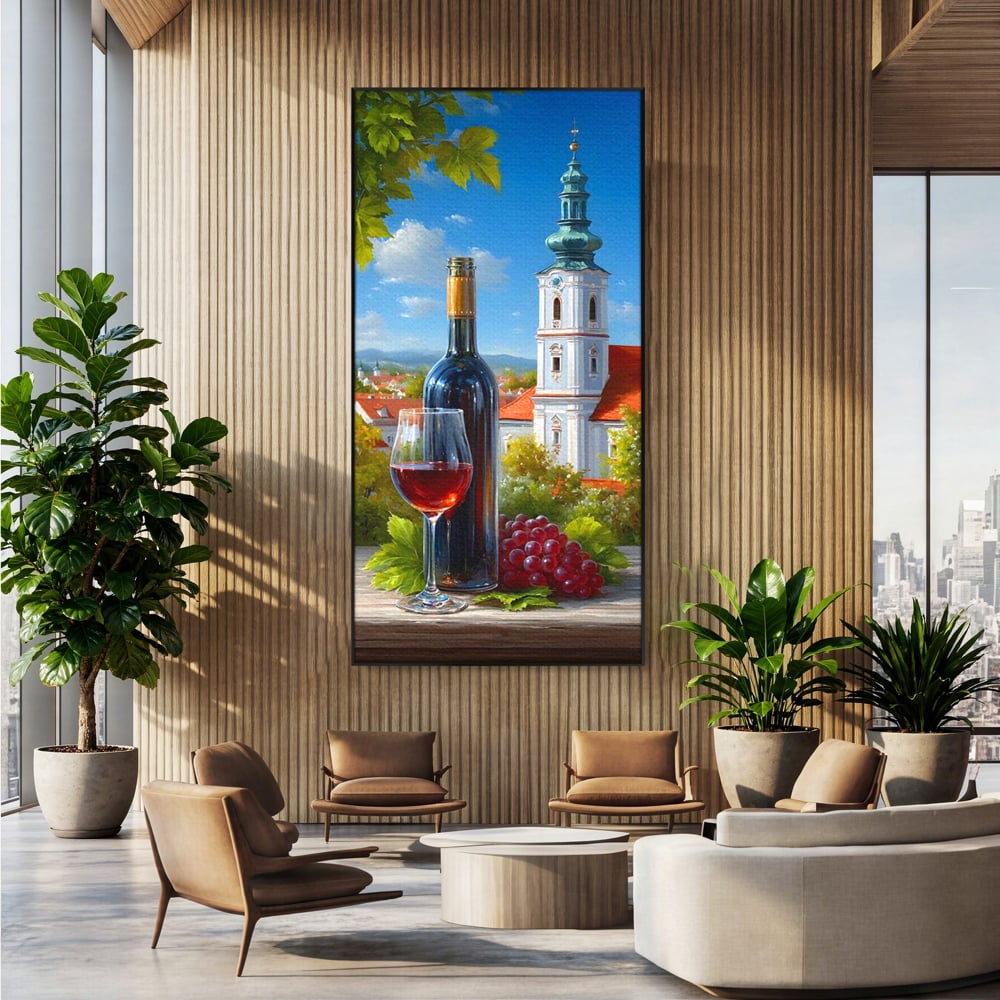 Tablou Canvas Premium, LuxCanva® N1200, Sub Bolta Vie, Vin Rosu, Sticla, Pahar, Bautura, Rustic, Manastire, Struguri, Pub, Bar, Lounge, Restaurant, Bucatarie