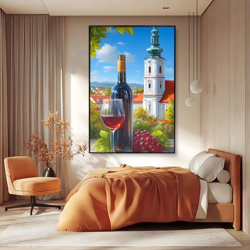 Tablou Canvas Premium, LuxCanva® N1200, Sub Bolta Vie, Vin Rosu, Sticla, Pahar, Bautura, Rustic, Manastire, Struguri, Pub, Bar, Lounge, Restaurant, Bucatarie