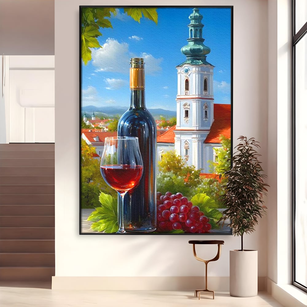Tablou Canvas Premium, LuxCanva® N1200, Sub Bolta Vie, Vin Rosu, Sticla, Pahar, Bautura, Rustic, Manastire, Struguri, Pub, Bar, Lounge, Restaurant, Bucatarie