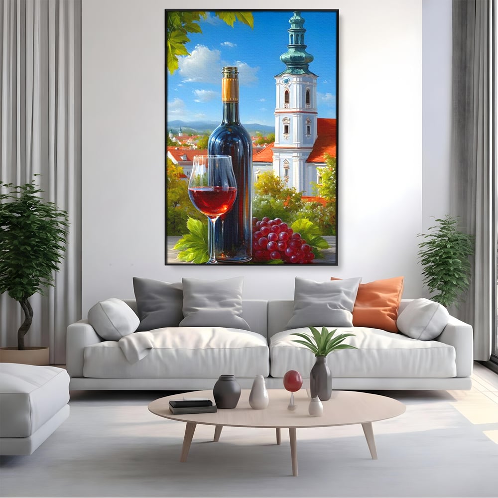Tablou Canvas Premium, LuxCanva® N1200, Sub Bolta Vie, Vin Rosu, Sticla, Pahar, Bautura, Rustic, Manastire, Struguri, Pub, Bar, Lounge, Restaurant, Bucatarie