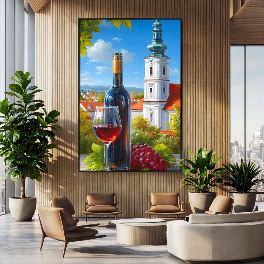 Tablou Canvas Premium, LuxCanva® N1200, Sub Bolta Vie, Vin Rosu, Sticla, Pahar, Bautura, Rustic, Manastire, Struguri, Pub, Bar, Lounge, Restaurant, Bucatarie