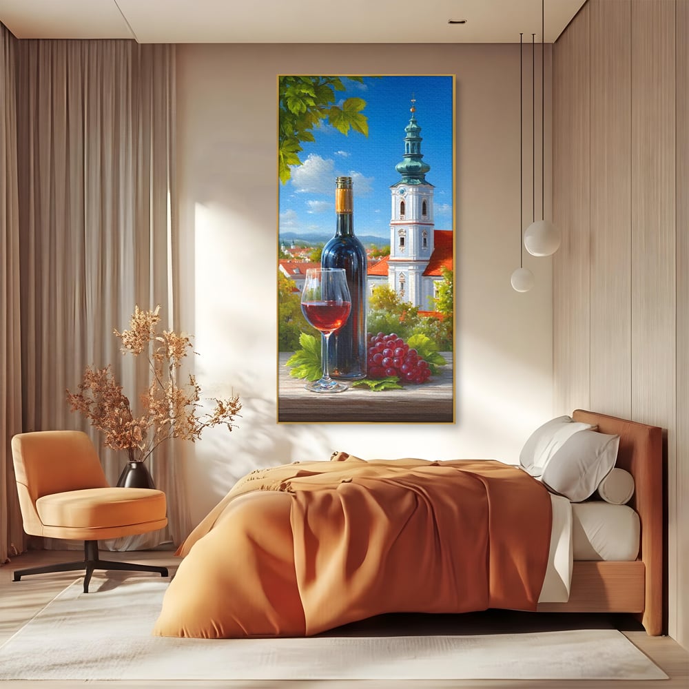 Tablou Canvas Premium, LuxCanva® N1200, Sub Bolta Vie, Vin Rosu, Sticla, Pahar, Bautura, Rustic, Manastire, Struguri, Pub, Bar, Lounge, Restaurant, Bucatarie