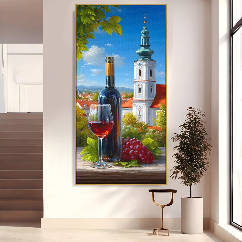 Tablou Canvas Premium, LuxCanva® N1200, Sub Bolta Vie, Vin Rosu, Sticla, Pahar, Bautura, Rustic, Manastire, Struguri, Pub, Bar, Lounge, Restaurant, Bucatarie