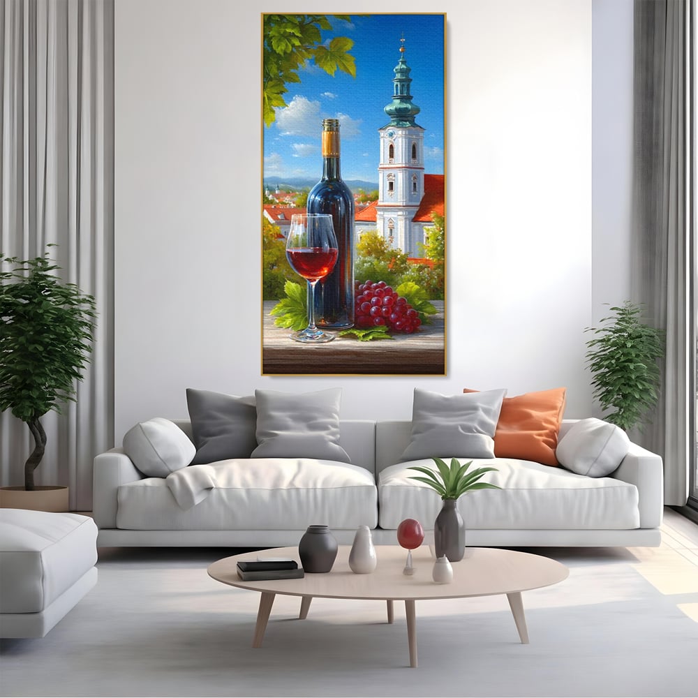 Tablou Canvas Premium, LuxCanva® N1200, Sub Bolta Vie, Vin Rosu, Sticla, Pahar, Bautura, Rustic, Manastire, Struguri, Pub, Bar, Lounge, Restaurant, Bucatarie