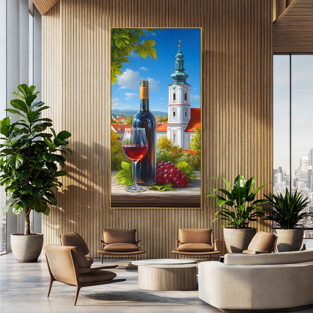 Tablou Canvas Premium, LuxCanva® N1200, Sub Bolta Vie, Vin Rosu, Sticla, Pahar, Bautura, Rustic, Manastire, Struguri, Pub, Bar, Lounge, Restaurant, Bucatarie