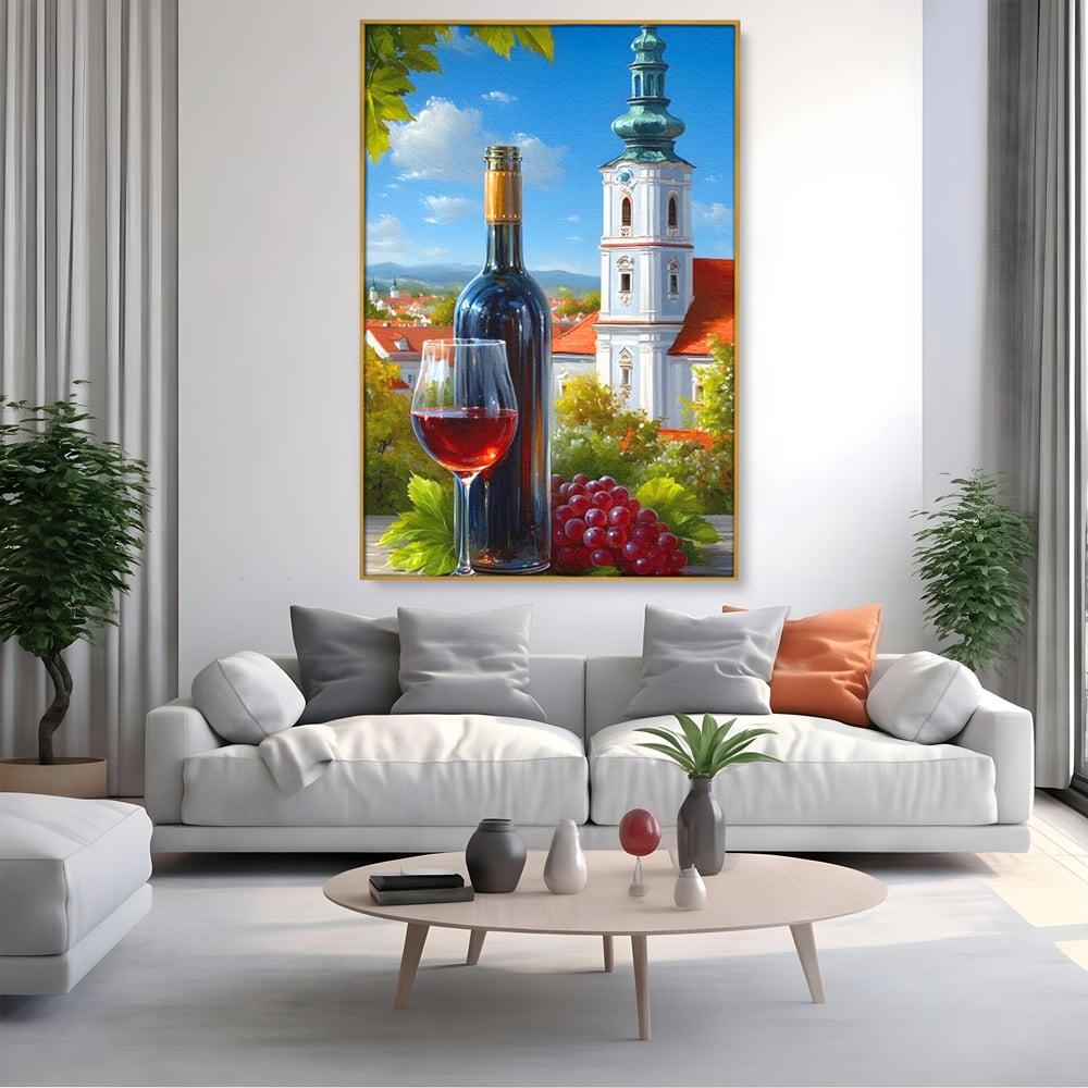 Tablou Canvas Premium, LuxCanva® N1200, Sub Bolta Vie, Vin Rosu, Sticla, Pahar, Bautura, Rustic, Manastire, Struguri, Pub, Bar, Lounge, Restaurant, Bucatarie