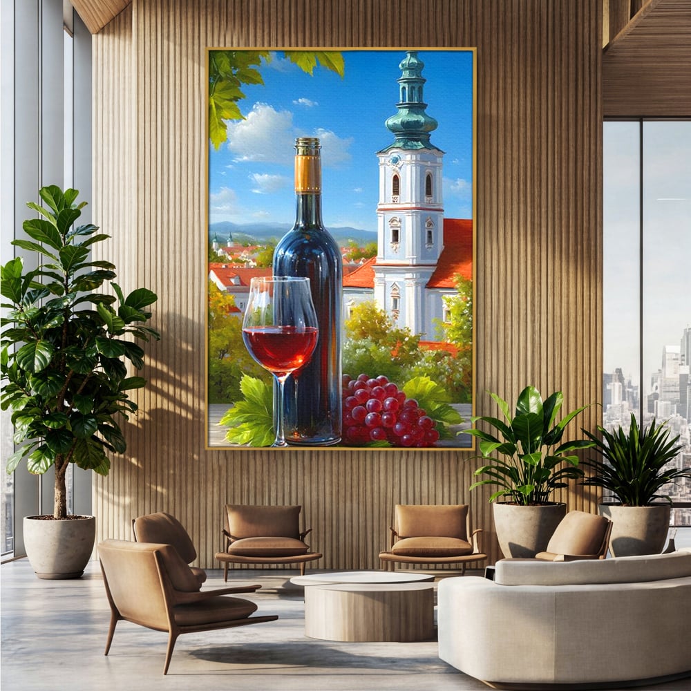 Tablou Canvas Premium, LuxCanva® N1200, Sub Bolta Vie, Vin Rosu, Sticla, Pahar, Bautura, Rustic, Manastire, Struguri, Pub, Bar, Lounge, Restaurant, Bucatarie