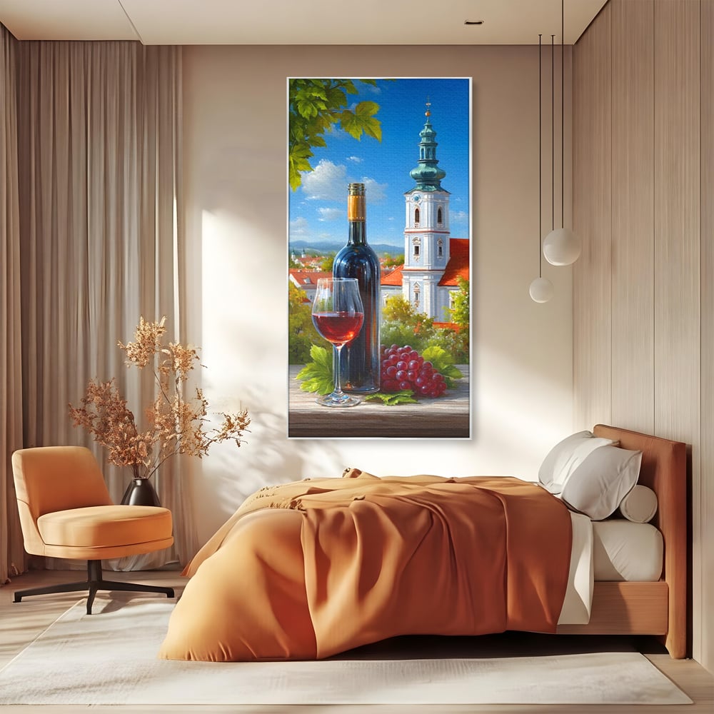 Tablou Canvas Premium, LuxCanva® N1200, Sub Bolta Vie, Vin Rosu, Sticla, Pahar, Bautura, Rustic, Manastire, Struguri, Pub, Bar, Lounge, Restaurant, Bucatarie