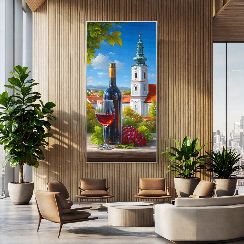 Tablou Canvas Premium, LuxCanva® N1200, Sub Bolta Vie, Vin Rosu, Sticla, Pahar, Bautura, Rustic, Manastire, Struguri, Pub, Bar, Lounge, Restaurant, Bucatarie