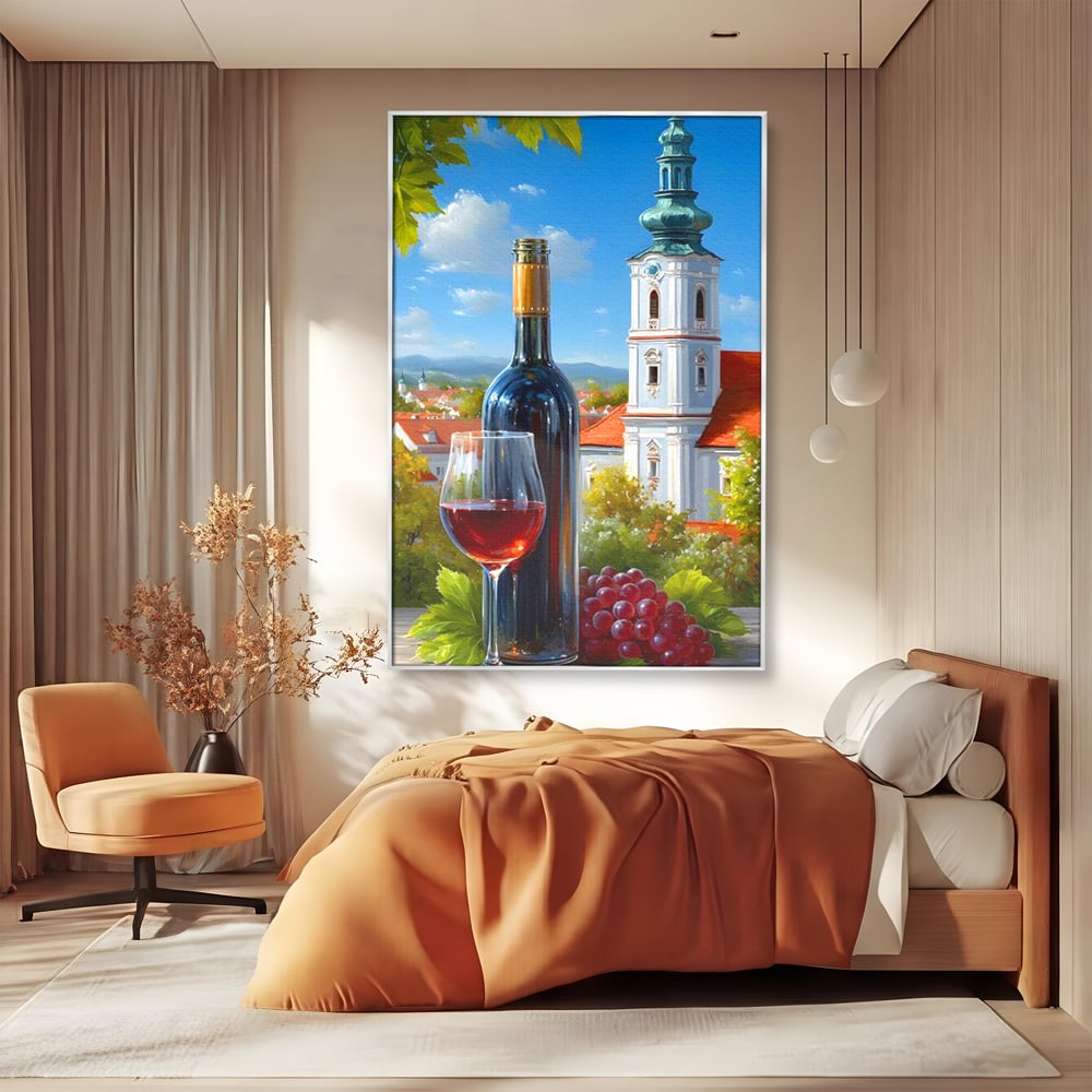 Tablou Canvas Premium, LuxCanva® N1200, Sub Bolta Vie, Vin Rosu, Sticla, Pahar, Bautura, Rustic, Manastire, Struguri, Pub, Bar, Lounge, Restaurant, Bucatarie