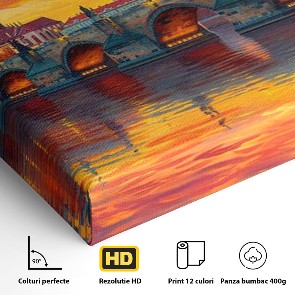 Tablou Canvas Premium, LuxCanva® O1001, Praga in Flacarile Cerului, Pod, Apus, Carol, Reflexii, Aur, Magie, Oras, Rau, Catedrala, Romantism, Medieval, City, Splendoare, Birou, Living, Dormitor