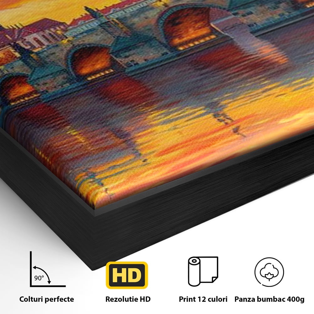 Tablou Canvas Premium, LuxCanva® O1001, Praga in Flacarile Cerului, Pod, Apus, Carol, Reflexii, Aur, Magie, Oras, Rau, Catedrala, Romantism, Medieval, City, Splendoare, Birou, Living, Dormitor