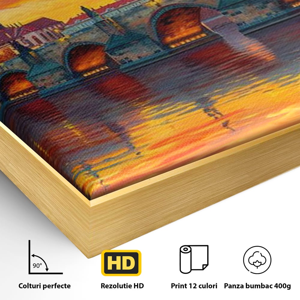 Tablou Canvas Premium, LuxCanva® O1001, Praga in Flacarile Cerului, Pod, Apus, Carol, Reflexii, Aur, Magie, Oras, Rau, Catedrala, Romantism, Medieval, City, Splendoare, Birou, Living, Dormitor