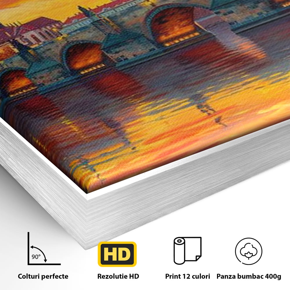 Tablou Canvas Premium, LuxCanva® O1001, Praga in Flacarile Cerului, Pod, Apus, Carol, Reflexii, Aur, Magie, Oras, Rau, Catedrala, Romantism, Medieval, City, Splendoare, Birou, Living, Dormitor