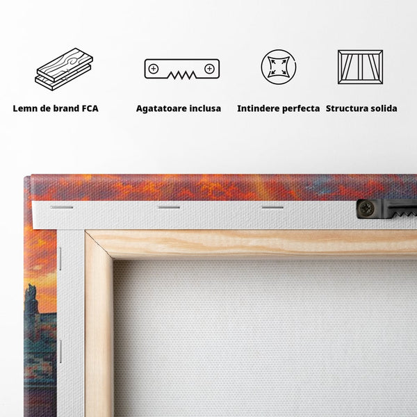 Tablou Canvas Premium, LuxCanva® O1001, Praga in Flacarile Cerului, Pod, Apus, Carol, Reflexii, Aur, Magie, Oras, Rau, Catedrala, Romantism, Medieval, City, Splendoare, Birou, Living, Dormitor
