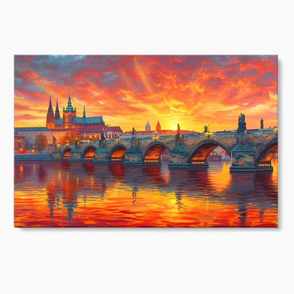 Tablou Canvas Premium, LuxCanva® O1001, Praga in Flacarile Cerului, Pod, Apus, Carol, Reflexii, Aur, Magie, Oras, Rau, Catedrala, Romantism, Medieval, City, Splendoare, Birou, Living, Dormitor