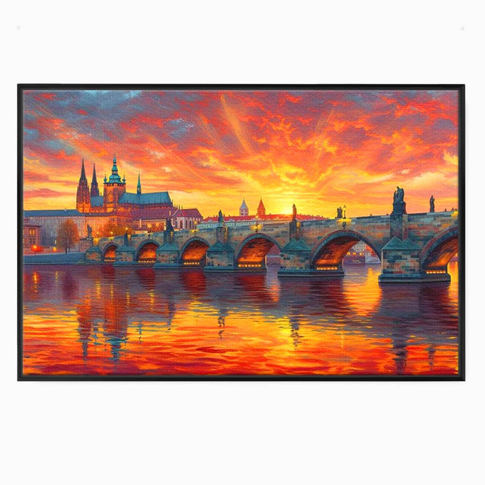 Tablou Canvas Premium, LuxCanva® O1001, Praga in Flacarile Cerului, Pod, Apus, Carol, Reflexii, Aur, Magie, Oras, Rau, Catedrala, Romantism, Medieval, City, Splendoare, Birou, Living, Dormitor