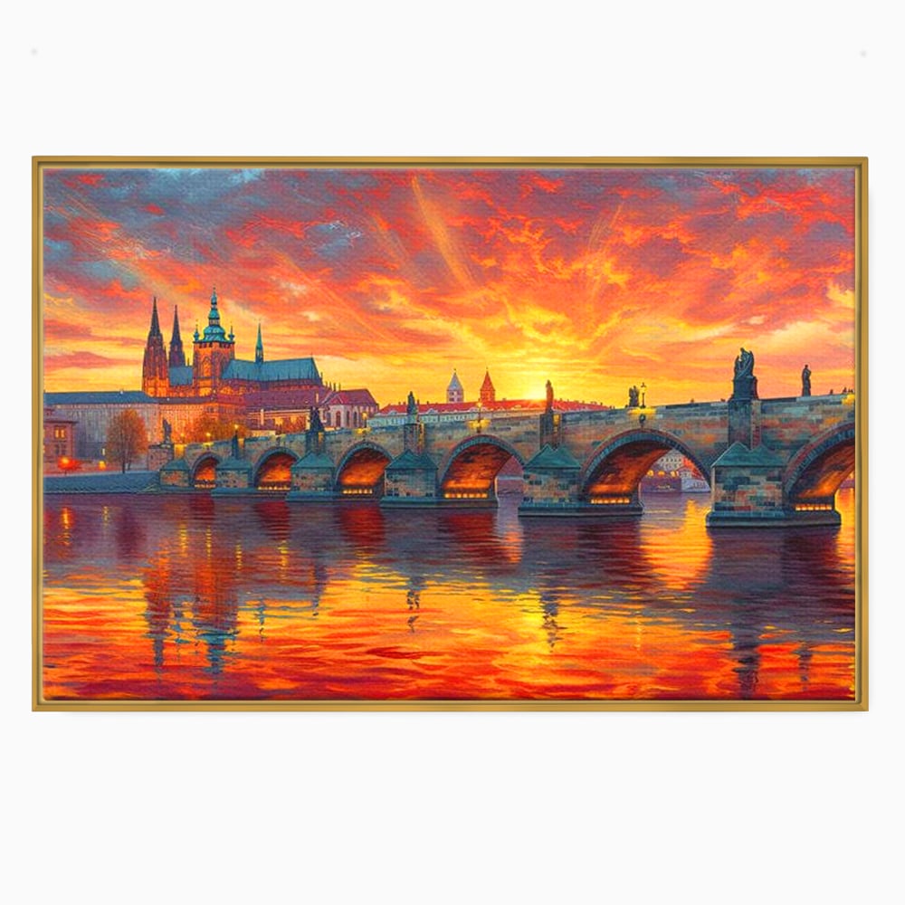 Tablou Canvas Premium, LuxCanva® O1001, Praga in Flacarile Cerului, Pod, Apus, Carol, Reflexii, Aur, Magie, Oras, Rau, Catedrala, Romantism, Medieval, City, Splendoare, Birou, Living, Dormitor