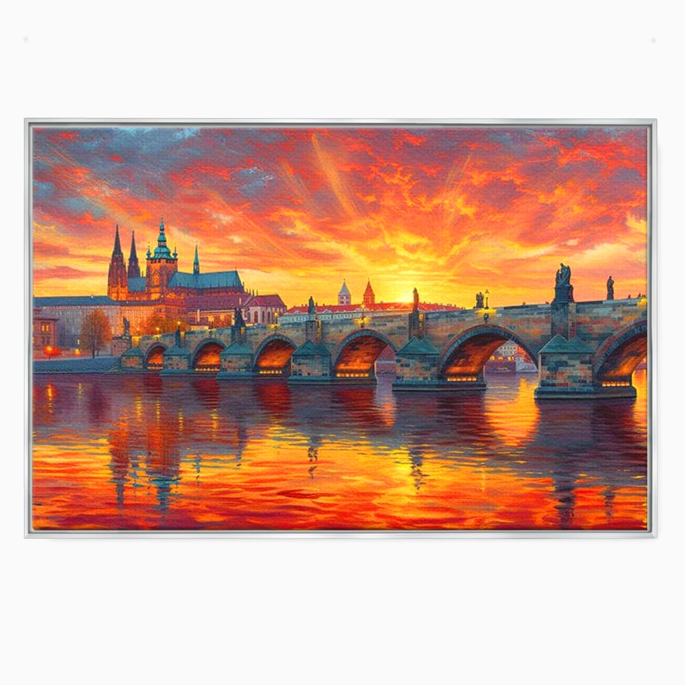 Tablou Canvas Premium, LuxCanva® O1001, Praga in Flacarile Cerului, Pod, Apus, Carol, Reflexii, Aur, Magie, Oras, Rau, Catedrala, Romantism, Medieval, City, Splendoare, Birou, Living, Dormitor