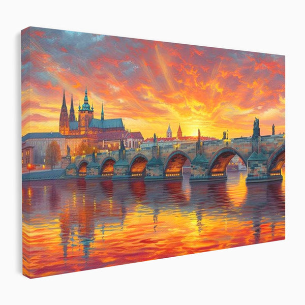 Tablou Canvas Premium, LuxCanva® O1001, Praga in Flacarile Cerului, Pod, Apus, Carol, Reflexii, Aur, Magie, Oras, Rau, Catedrala, Romantism, Medieval, City, Splendoare, Birou, Living, Dormitor