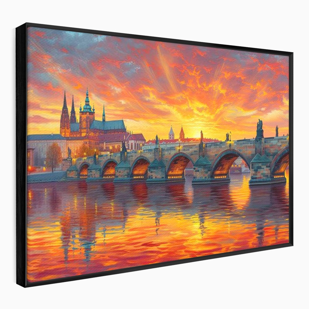 Tablou Canvas Premium, LuxCanva® O1001, Praga in Flacarile Cerului, Pod, Apus, Carol, Reflexii, Aur, Magie, Oras, Rau, Catedrala, Romantism, Medieval, City, Splendoare, Birou, Living, Dormitor
