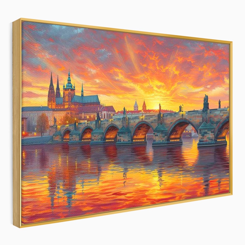 Tablou Canvas Premium, LuxCanva® O1001, Praga in Flacarile Cerului, Pod, Apus, Carol, Reflexii, Aur, Magie, Oras, Rau, Catedrala, Romantism, Medieval, City, Splendoare, Birou, Living, Dormitor