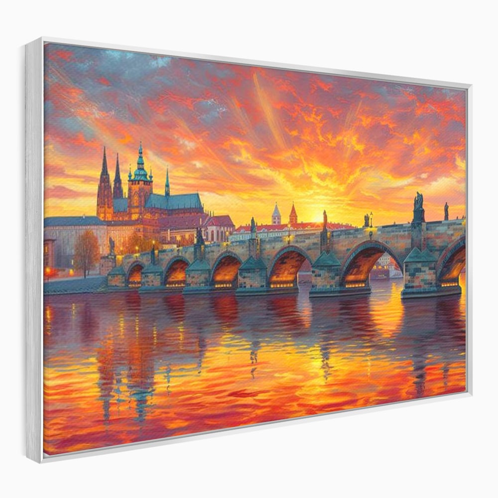 Tablou Canvas Premium, LuxCanva® O1001, Praga in Flacarile Cerului, Pod, Apus, Carol, Reflexii, Aur, Magie, Oras, Rau, Catedrala, Romantism, Medieval, City, Splendoare, Birou, Living, Dormitor
