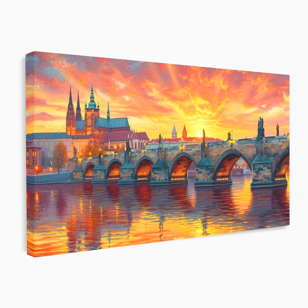 Tablou Canvas Premium, LuxCanva® O1001, Praga in Flacarile Cerului, Pod, Apus, Carol, Reflexii, Aur, Magie, Oras, Rau, Catedrala, Romantism, Medieval, City, Splendoare, Birou, Living, Dormitor