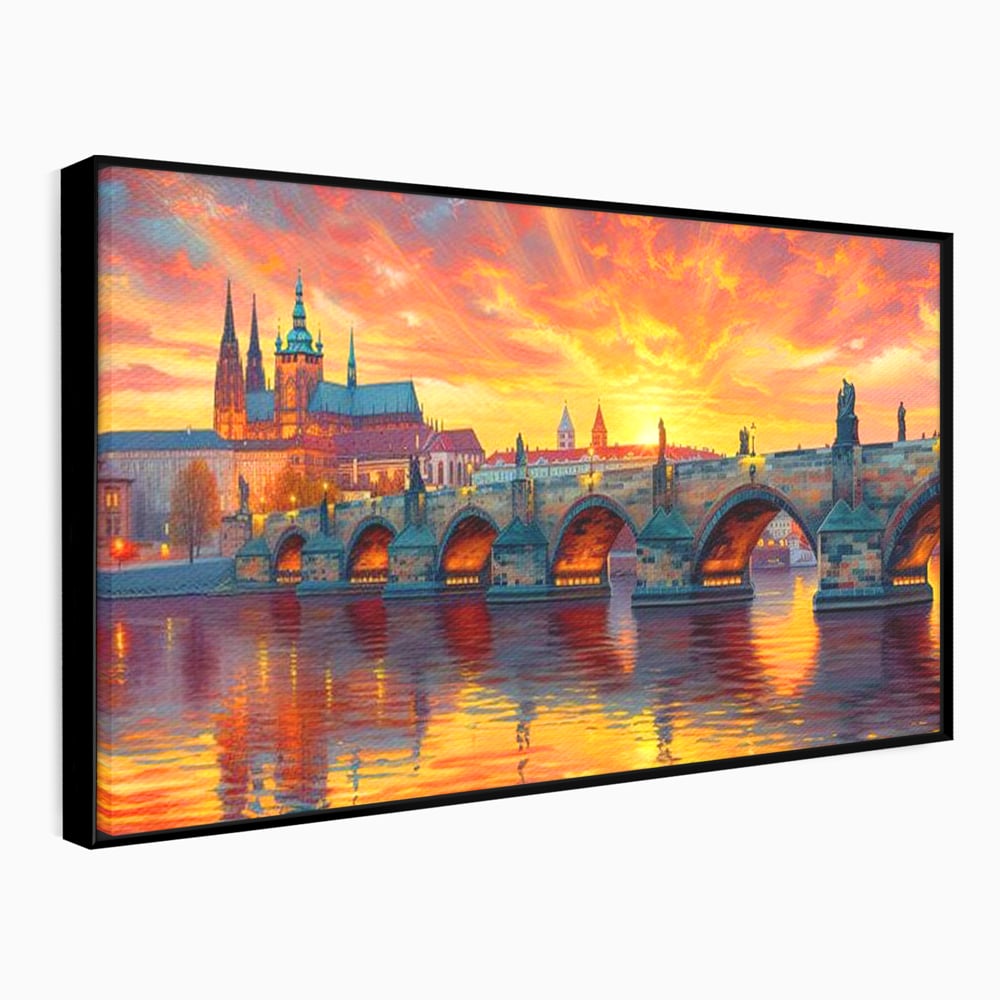 Tablou Canvas Premium, LuxCanva® O1001, Praga in Flacarile Cerului, Pod, Apus, Carol, Reflexii, Aur, Magie, Oras, Rau, Catedrala, Romantism, Medieval, City, Splendoare, Birou, Living, Dormitor